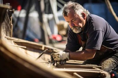 Skilled Craftsman Working On Wooden Boat Construction