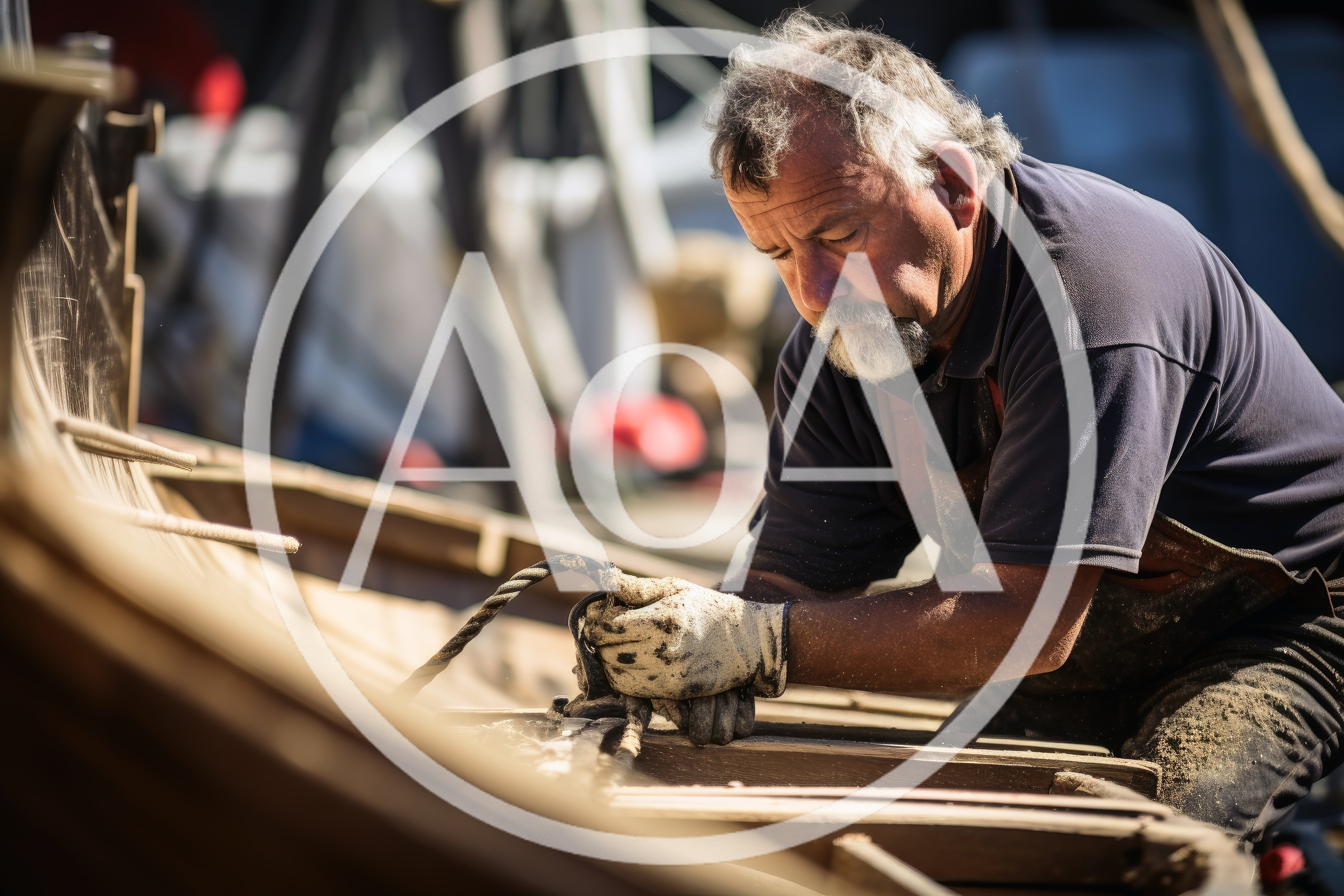 Skilled Craftsman Working On Wooden Boat Construction