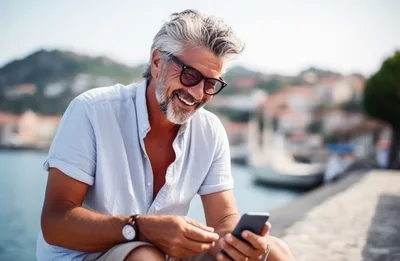 Mature Man Smiling While Using Smartphone Outdoors
