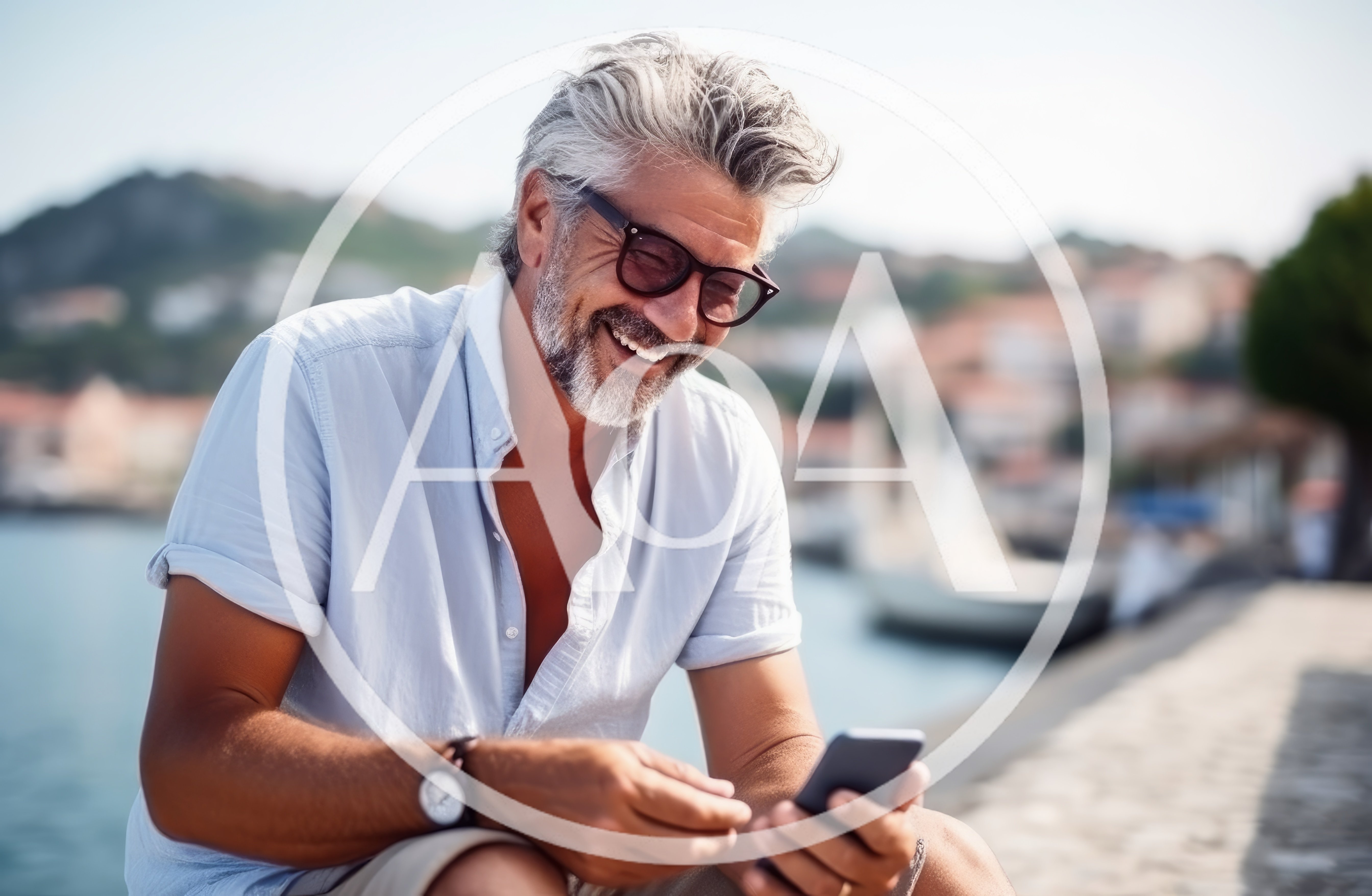 Mature Man Smiling While Using Smartphone Outdoors