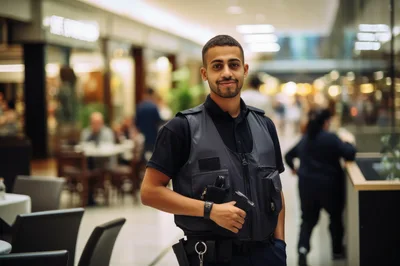 Security Guard Standing In A Modern Shopping Mall