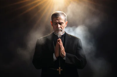 Elderly Priest Praying With Hands Clasped In Divine Light