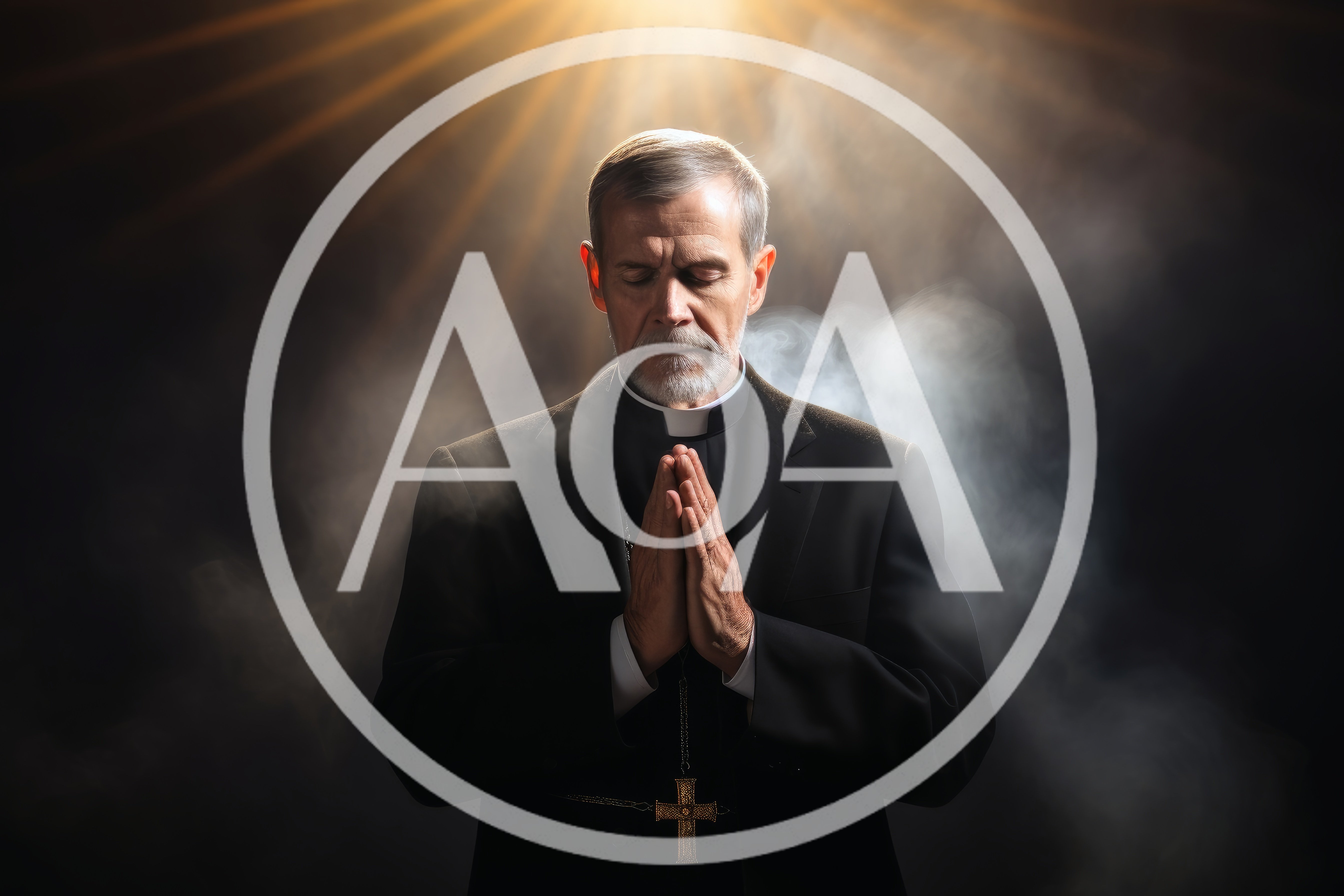 Elderly Priest Praying With Hands Clasped In Divine Light