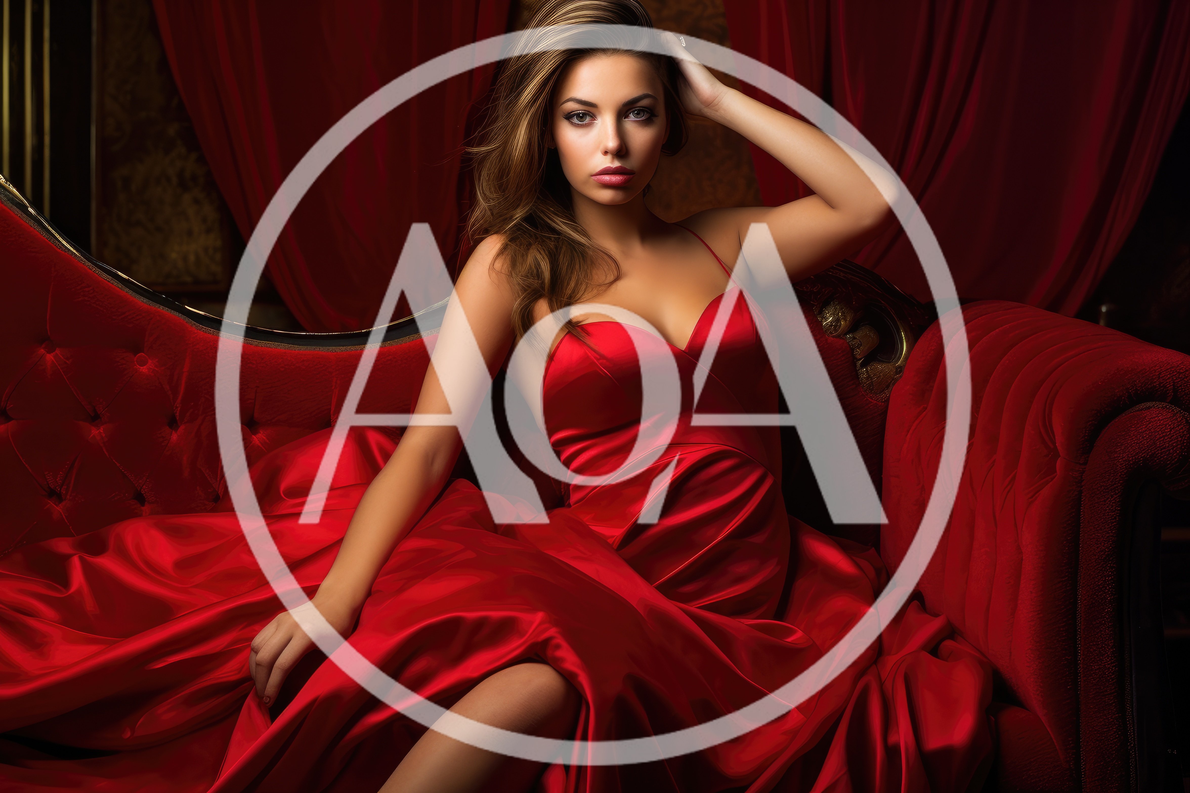 Elegant Woman In Red Dress Sitting On Velvet Sofa