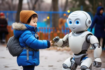 Young Child Interacting With A Friendly Humanoid Robot