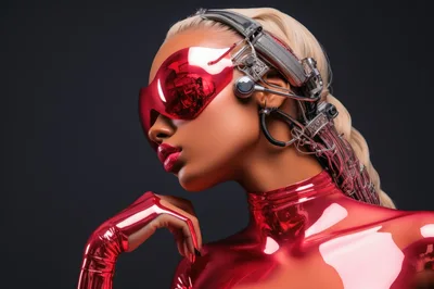 Futuristic Cyborg Woman With Red Metallic Suit And Visor