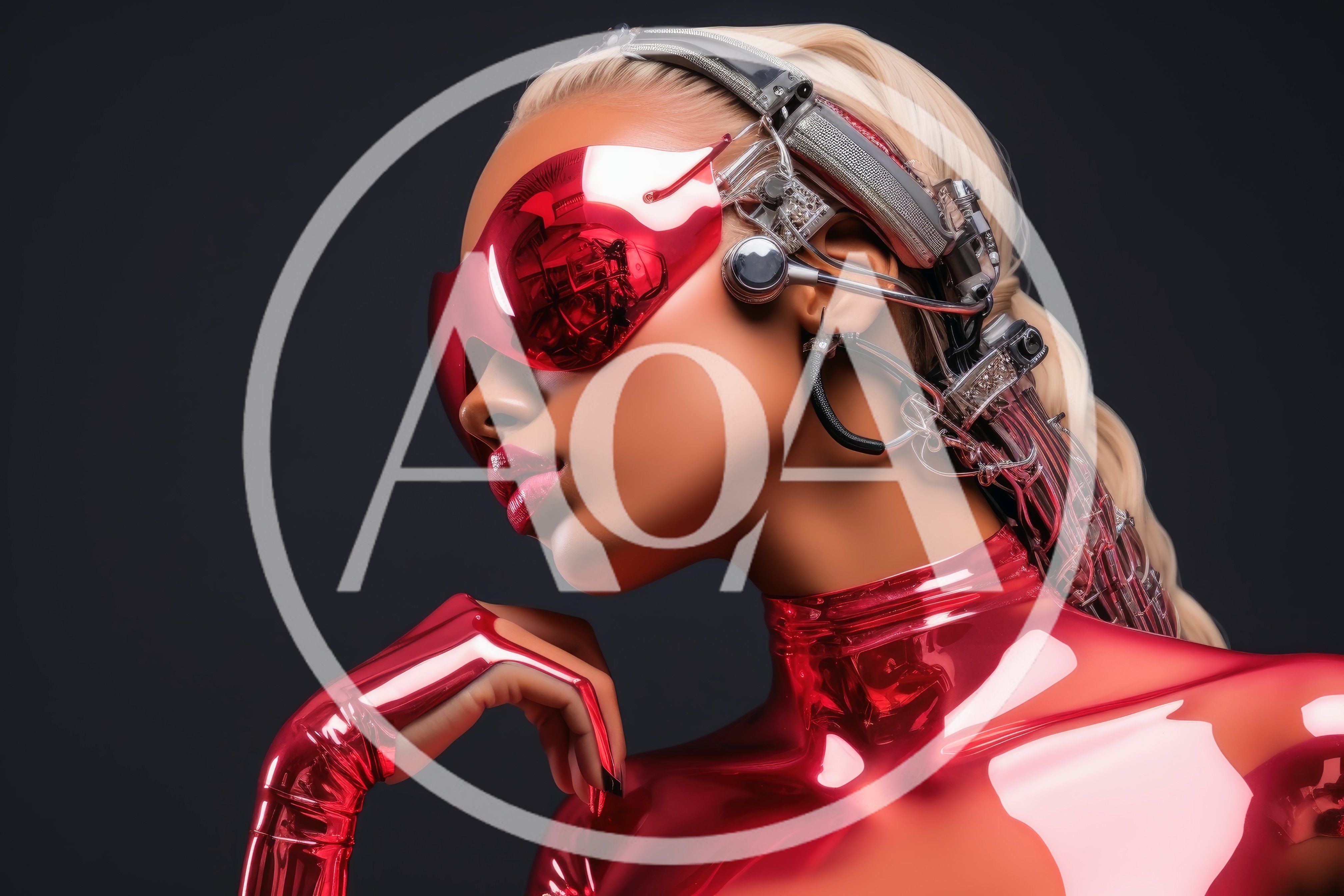 Futuristic Cyborg Woman With Red Metallic Suit And Visor
