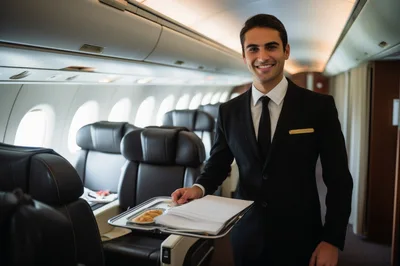 Flight Attendant Serving Refreshments In Private Jet Cabin