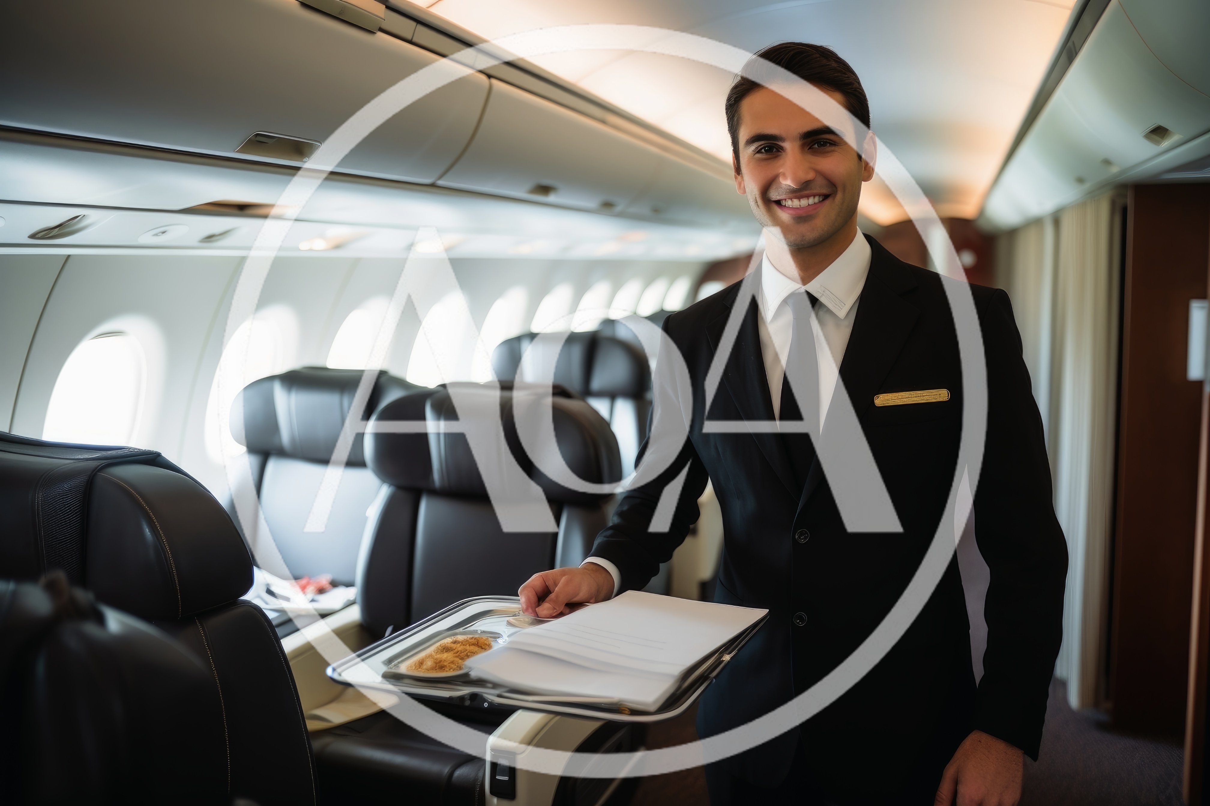 Flight Attendant Serving Refreshments In Private Jet Cabin