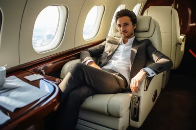 Successful Businessman Relaxing In Private Jet Cabin