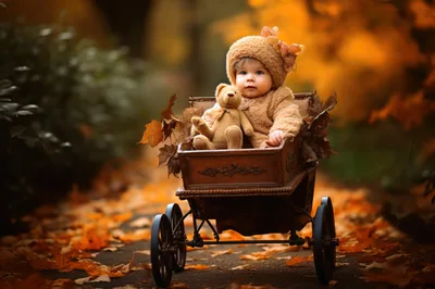 Adorable Baby Sitting In Vintage Carriage With Teddy Bear