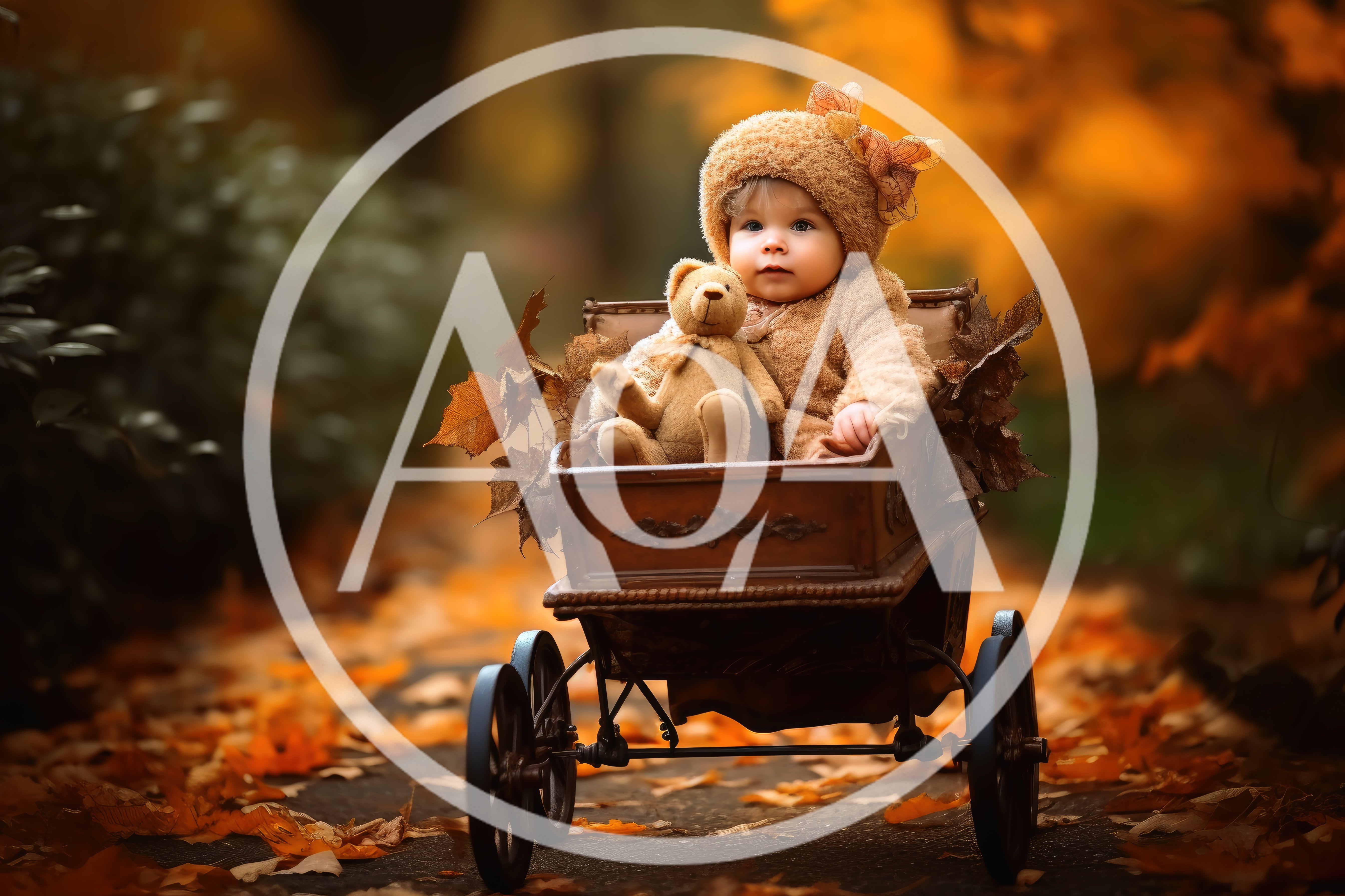 Adorable Baby Sitting In Vintage Carriage With Teddy Bear