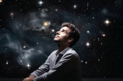 Young Man Looking Up At The Starry Night Sky