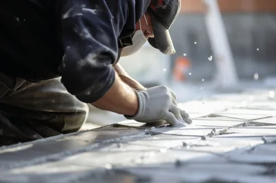 Construction Worker Installing Tiles With Adhesive