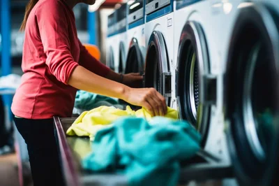 Woman Loading Laundry Into Commercial Washing Machine