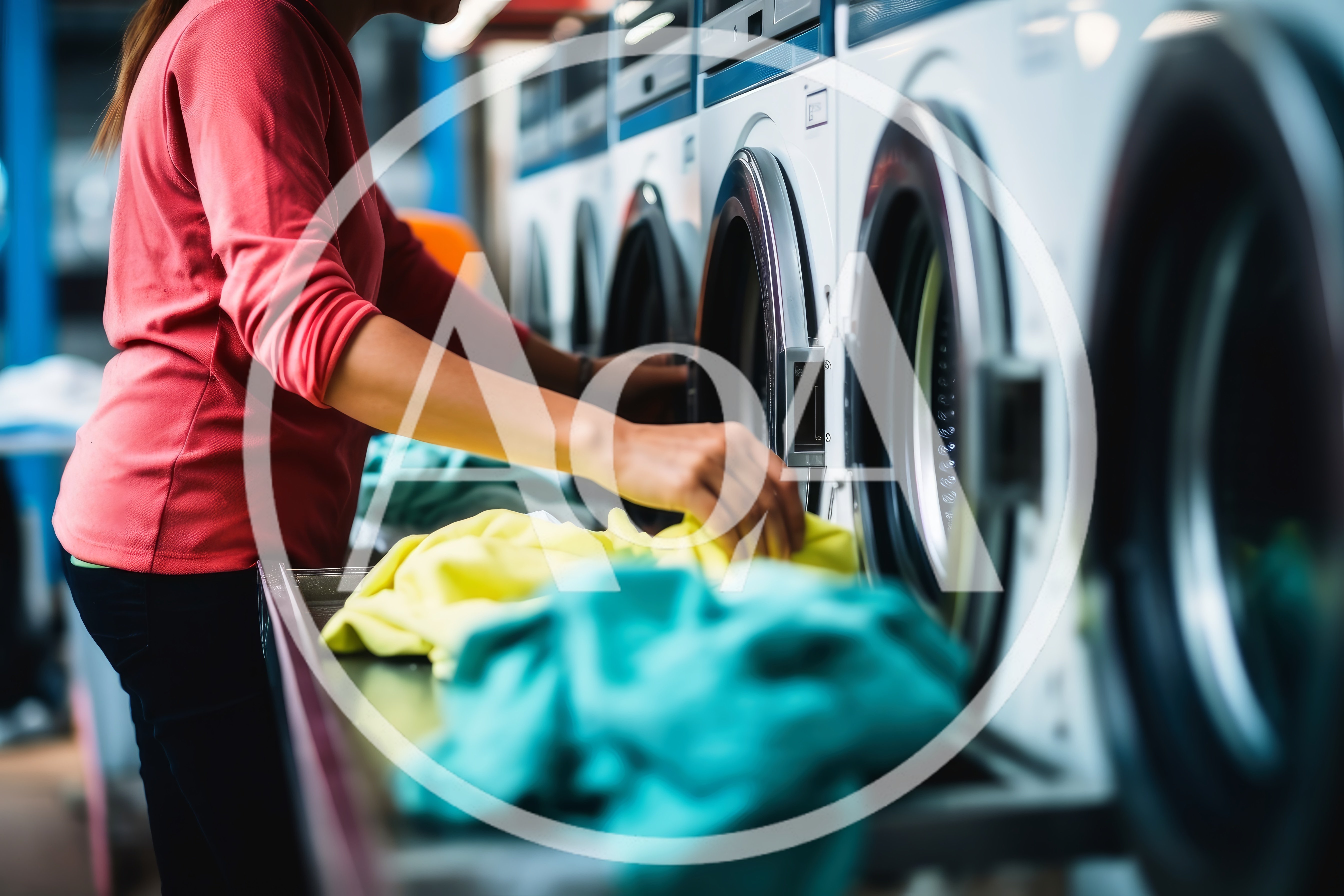 Woman Loading Laundry Into Commercial Washing Machine