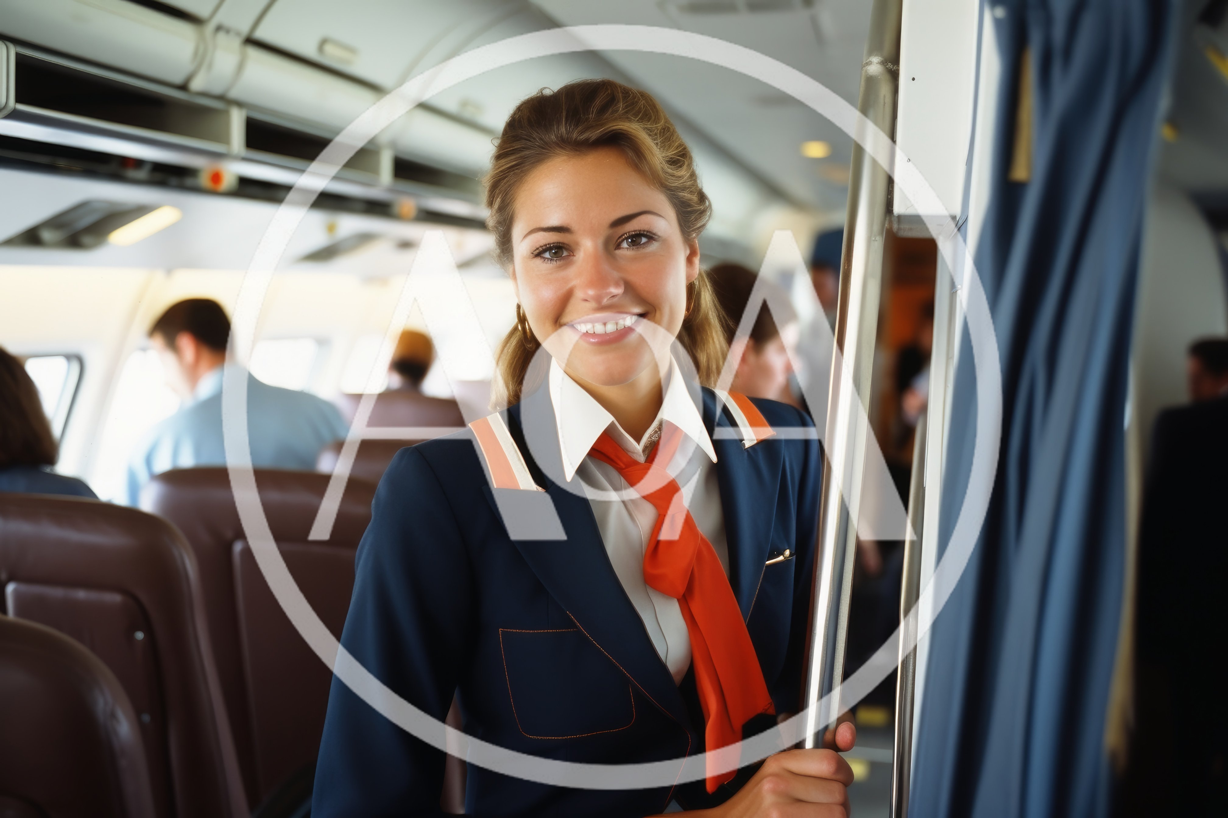 Smiling Flight Attendant Standing In Airplane Cabin