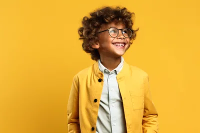 Happy Young Boy With Curly Hair Wearing Glasses
