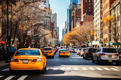 Yellow Taxis Driving Down A Busy New York City Street