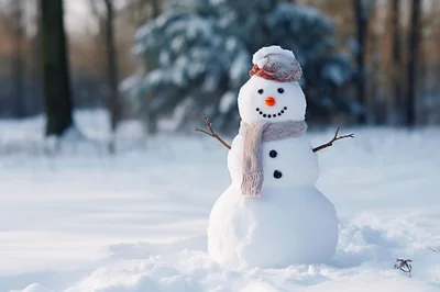 Cute Snowman Standing In A Snowy Forest
