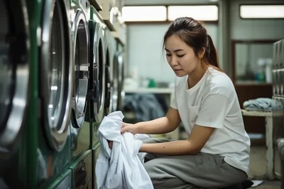 Young Asian Woman Loading Laundry Into Commercial Dryer