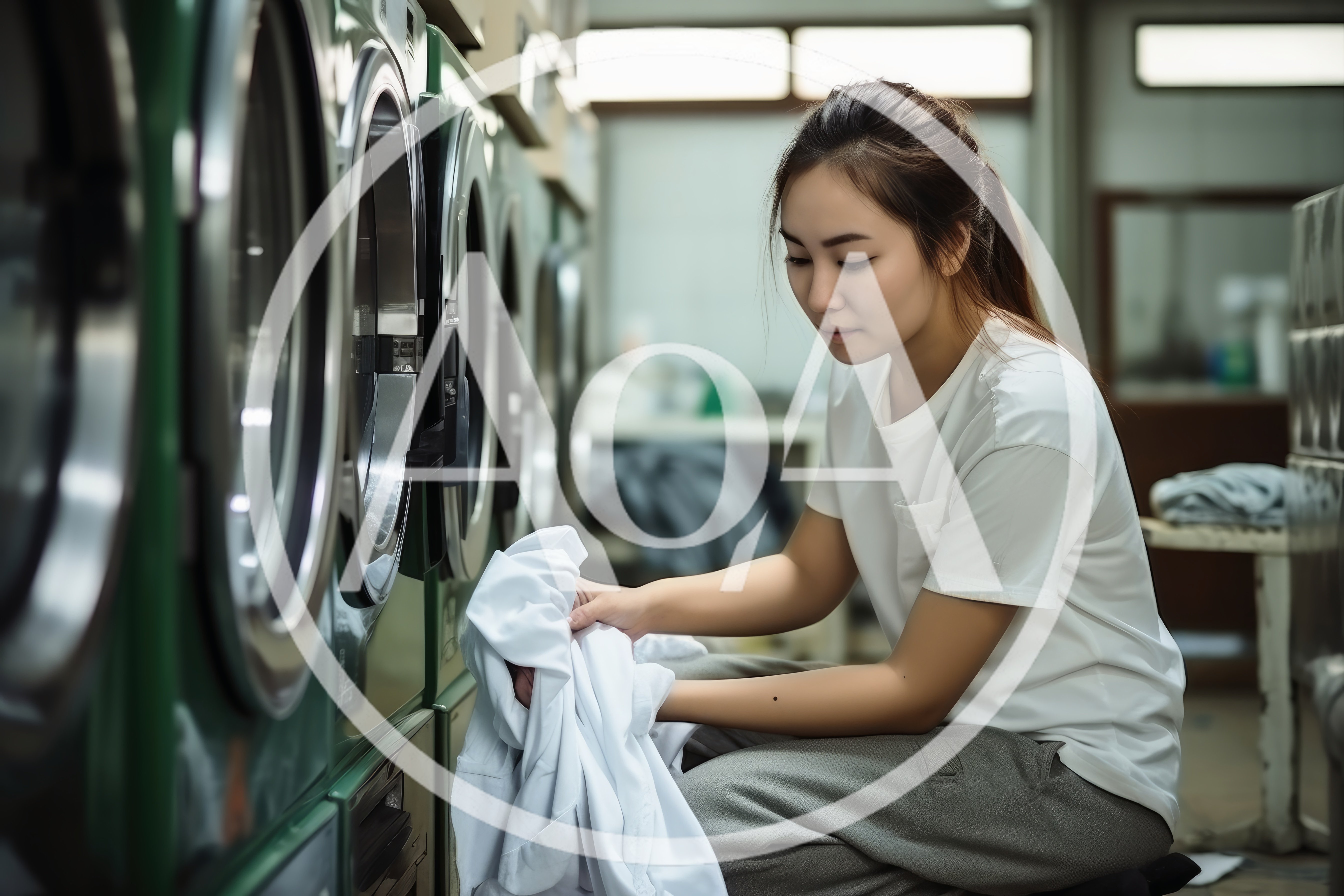 Young Asian Woman Loading Laundry Into Commercial Dryer