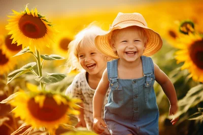 Two Happy Toddlers Playing In A Sunflower Field