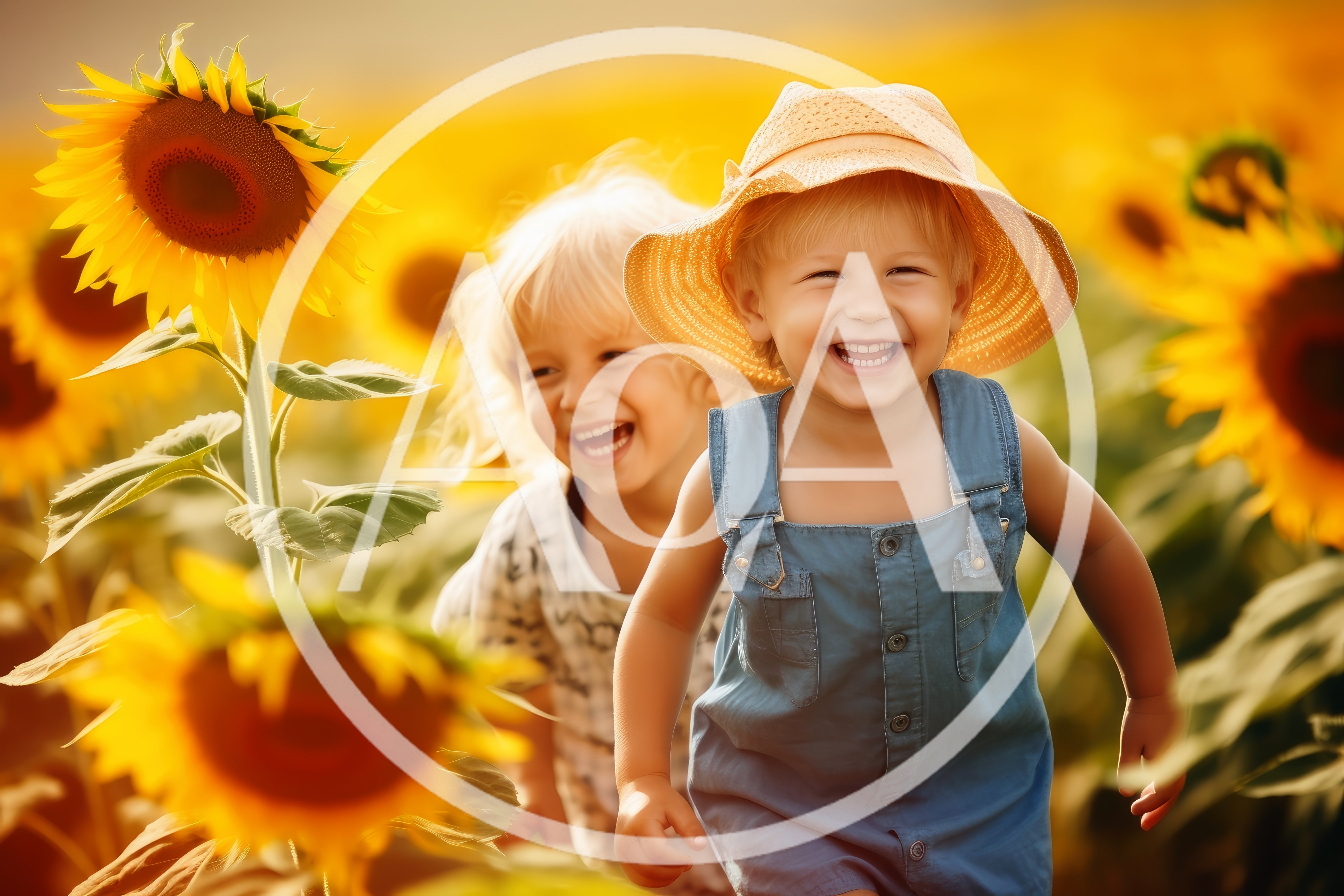 Two Happy Toddlers Playing In A Sunflower Field