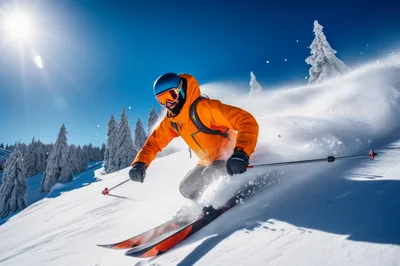 Skier Carving Through Deep Powder On Sunny Mountain Slope