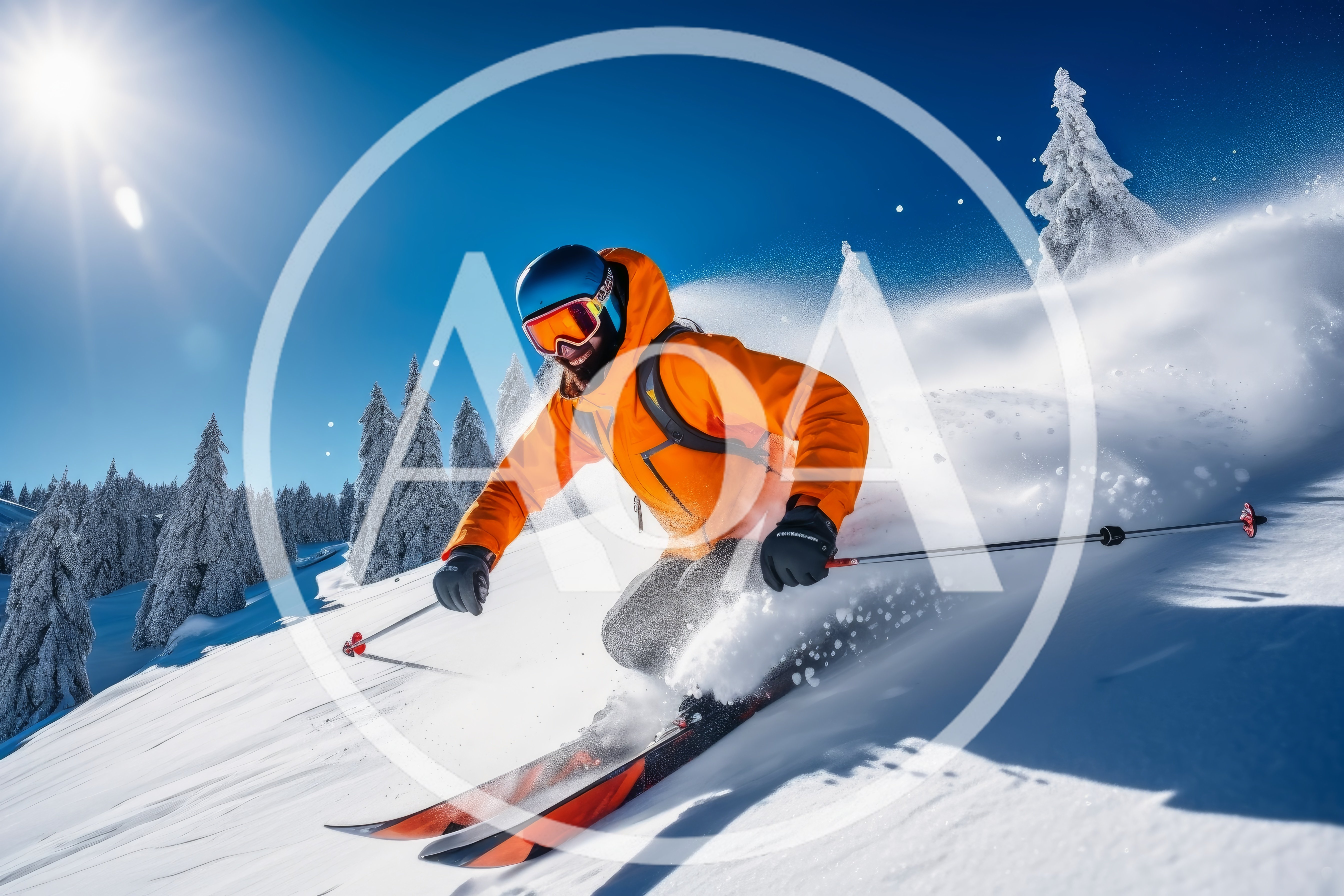 Skier Carving Through Deep Powder On Sunny Mountain Slope