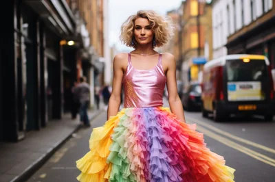 Fashion Model Wearing Rainbow Ruffle Dress On City Street