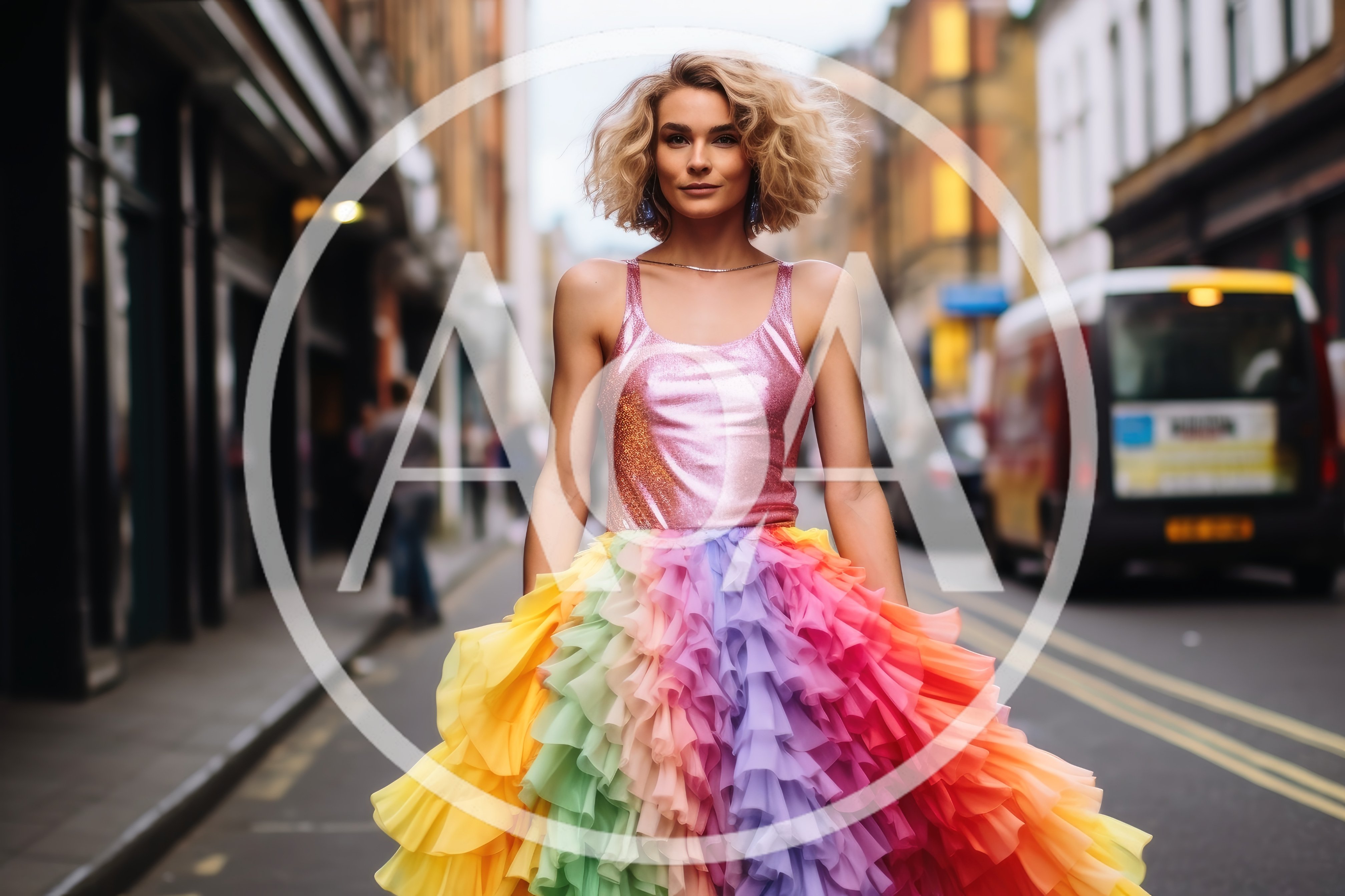 Fashion Model Wearing Rainbow Ruffle Dress On City Street