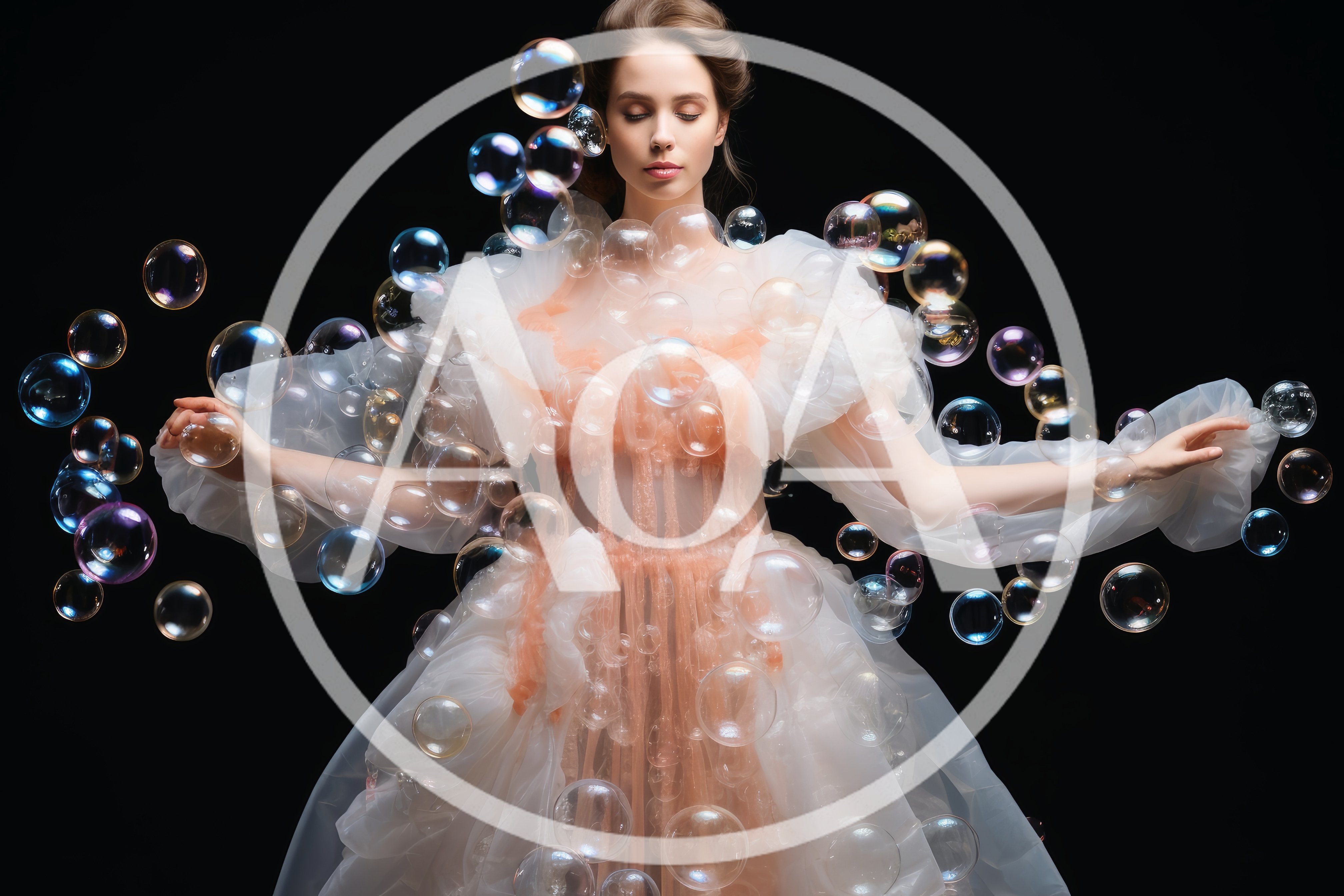 Elegant Woman In Tulle Dress Surrounded By Floating Bubbles