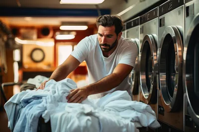 Man Folding Laundry In A Laundromat