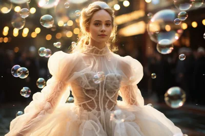 Elegant Woman In White Gown Surrounded By Floating Bubbles