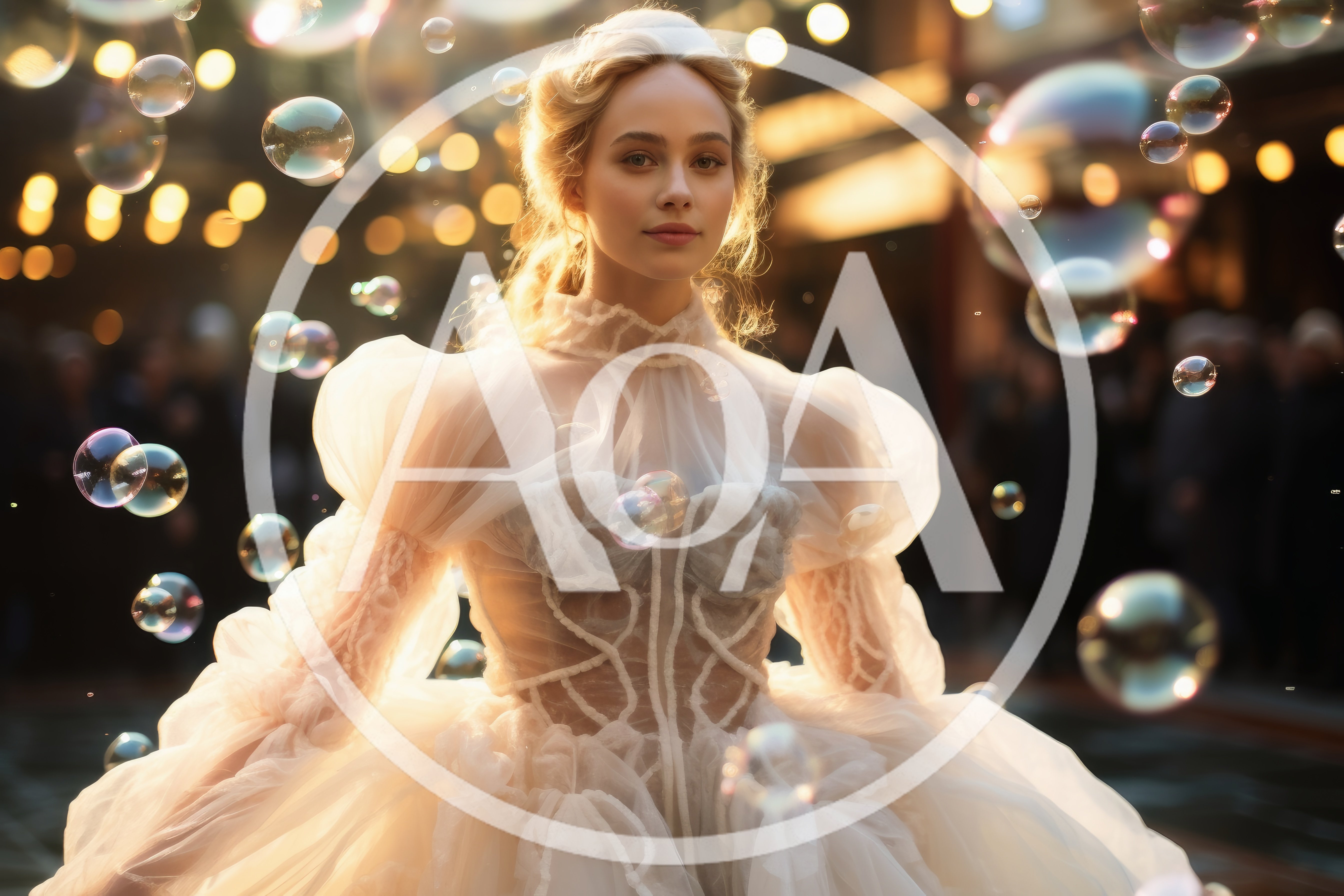 Elegant Woman In White Gown Surrounded By Floating Bubbles
