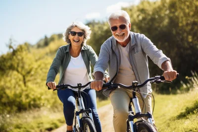 Happy Senior Couple Cycling on Countryside Path