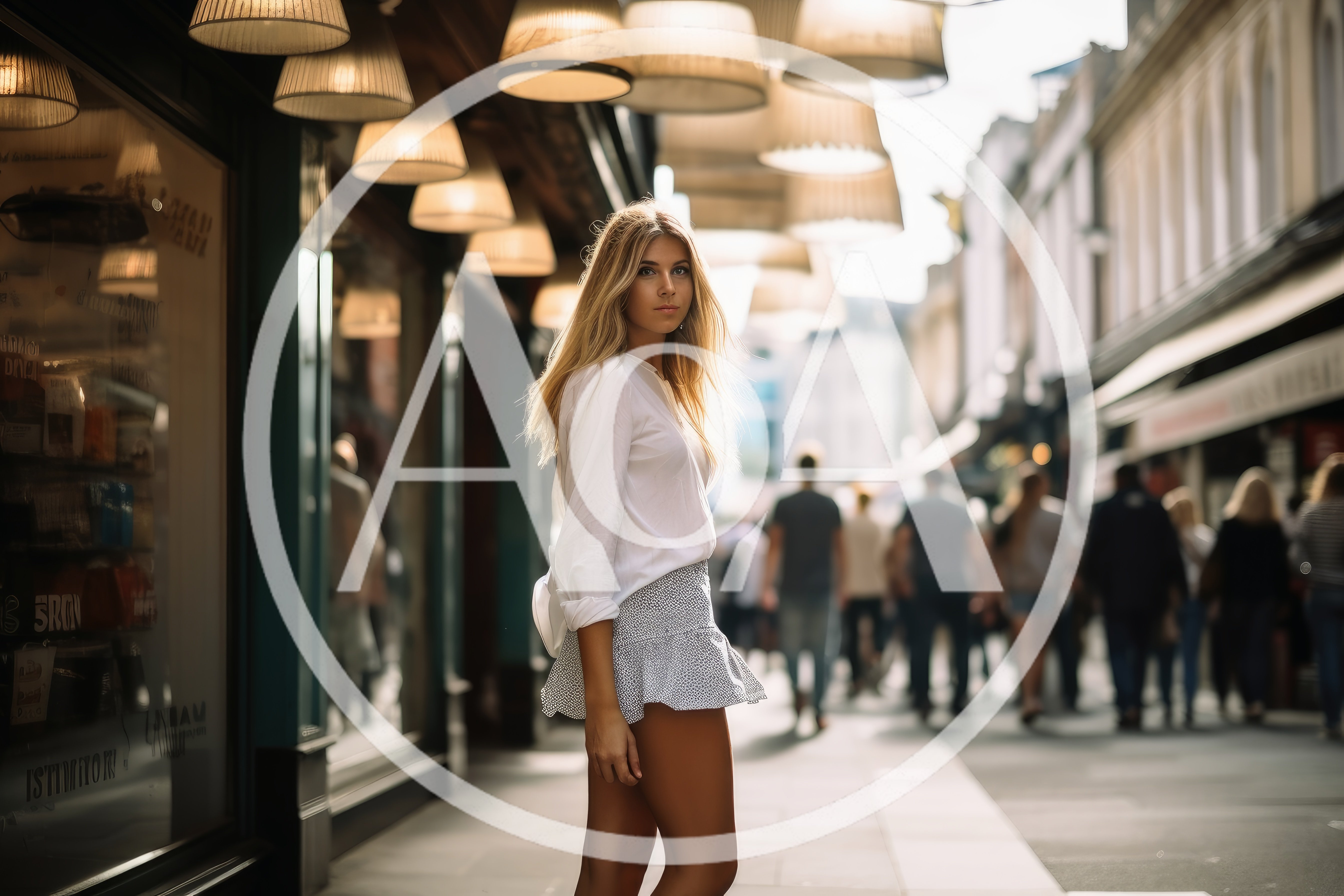 Young Woman Walking Down A Busy European Shopping Street
