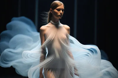 Model Wearing Ethereal Flowing Architectural Fashion Design