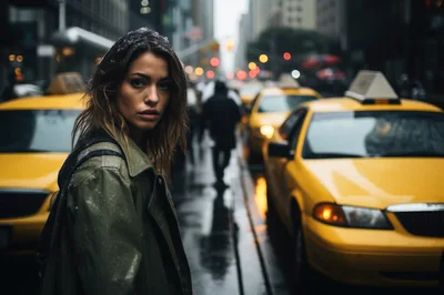 Young Woman Standing On A Rainy New York City Street