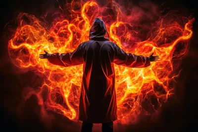 Hooded Figure Summoning Magical Fire Energy