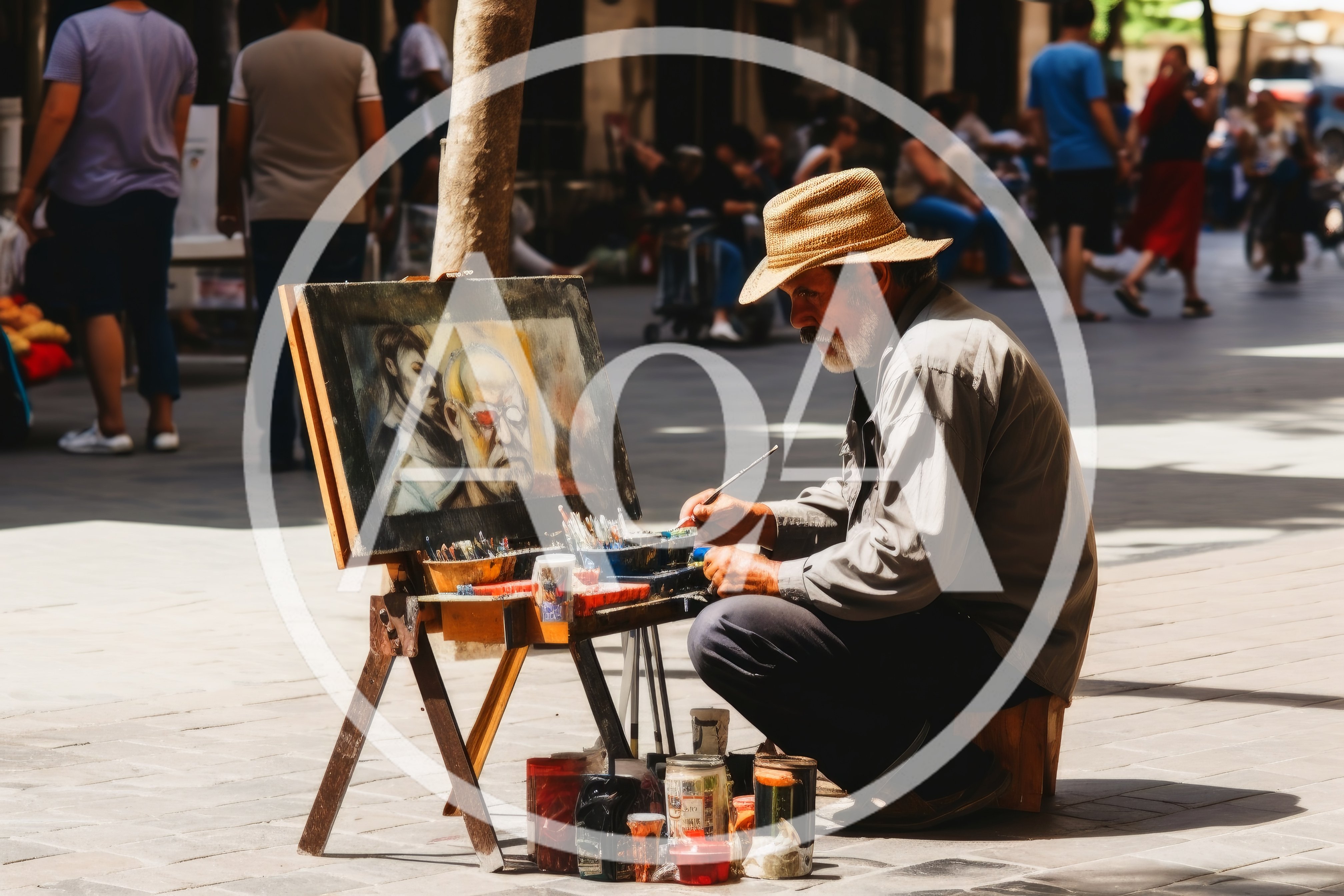Street Artist Painting A Portrait On A Pedestrian Walkway