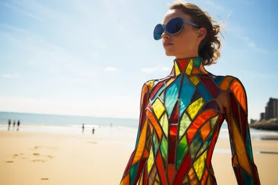 Woman Wearing Stained Glass Pattern Bodysuit On Beach