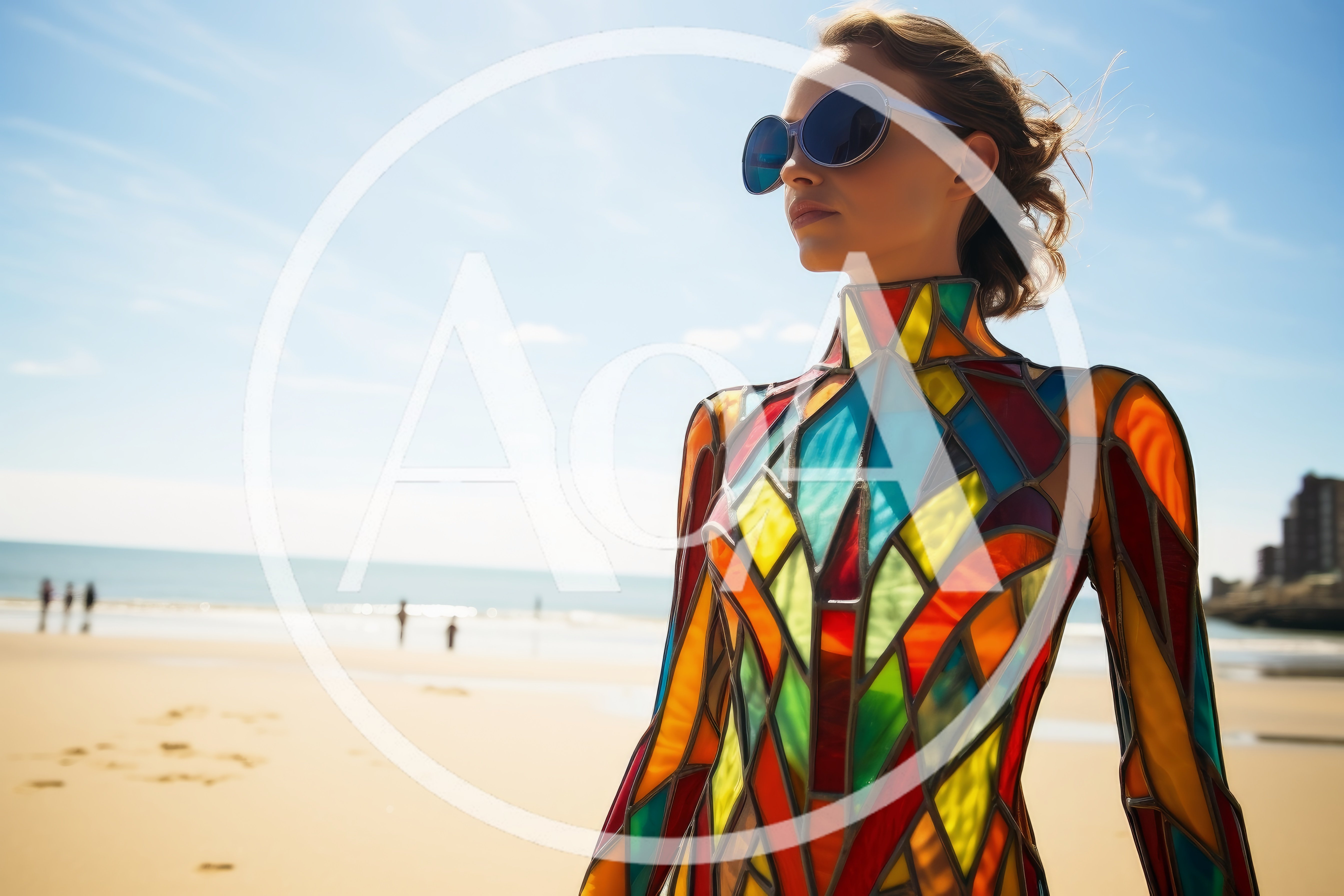 Woman Wearing Stained Glass Pattern Bodysuit On Beach