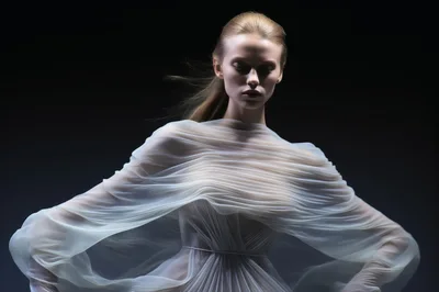 Fashion Model Wearing Sheer Pleated Fabric Dress