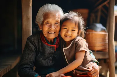 Elderly Grandmother Embracing Her Young Granddaughter