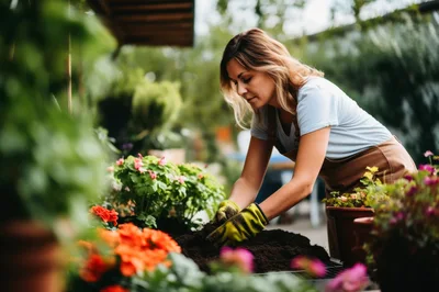 Woman Gardening And Planting Flowers In A Greenhouse