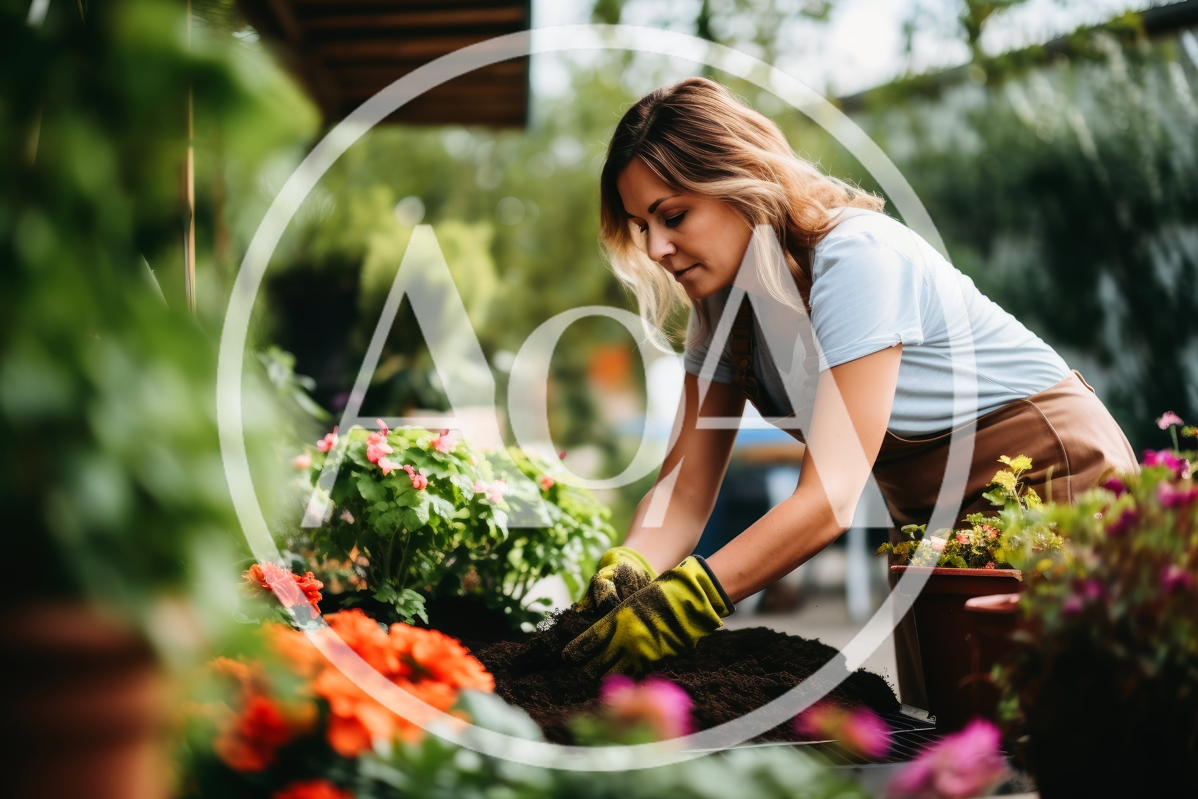 Woman Gardening And Planting Flowers In A Greenhouse