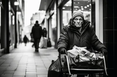 Elderly Homeless Man Pushing Shopping Cart On City Street