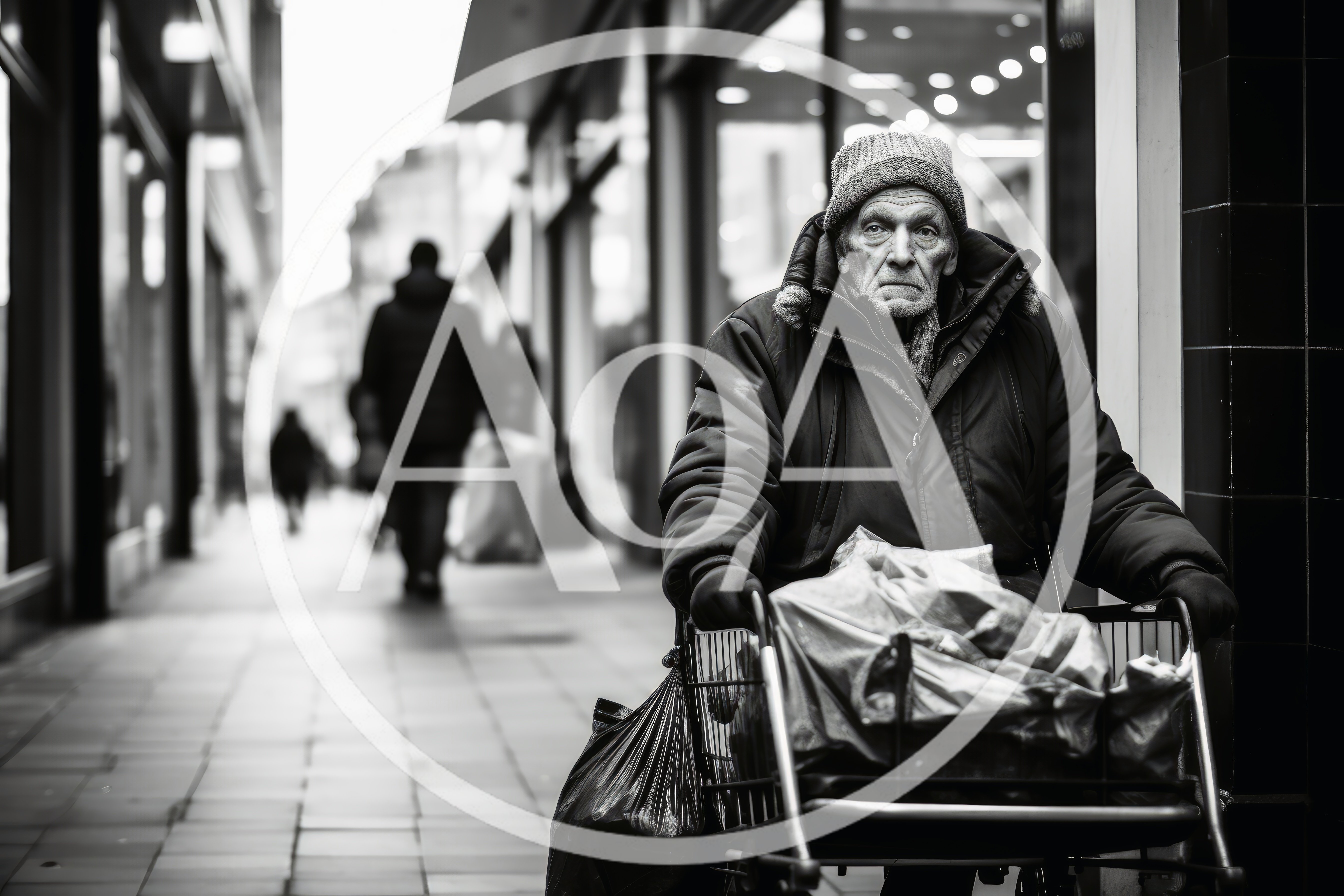 Elderly Homeless Man Pushing Shopping Cart On City Street